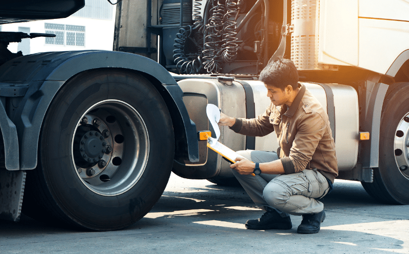 A driver inspecting wheels against a checklist